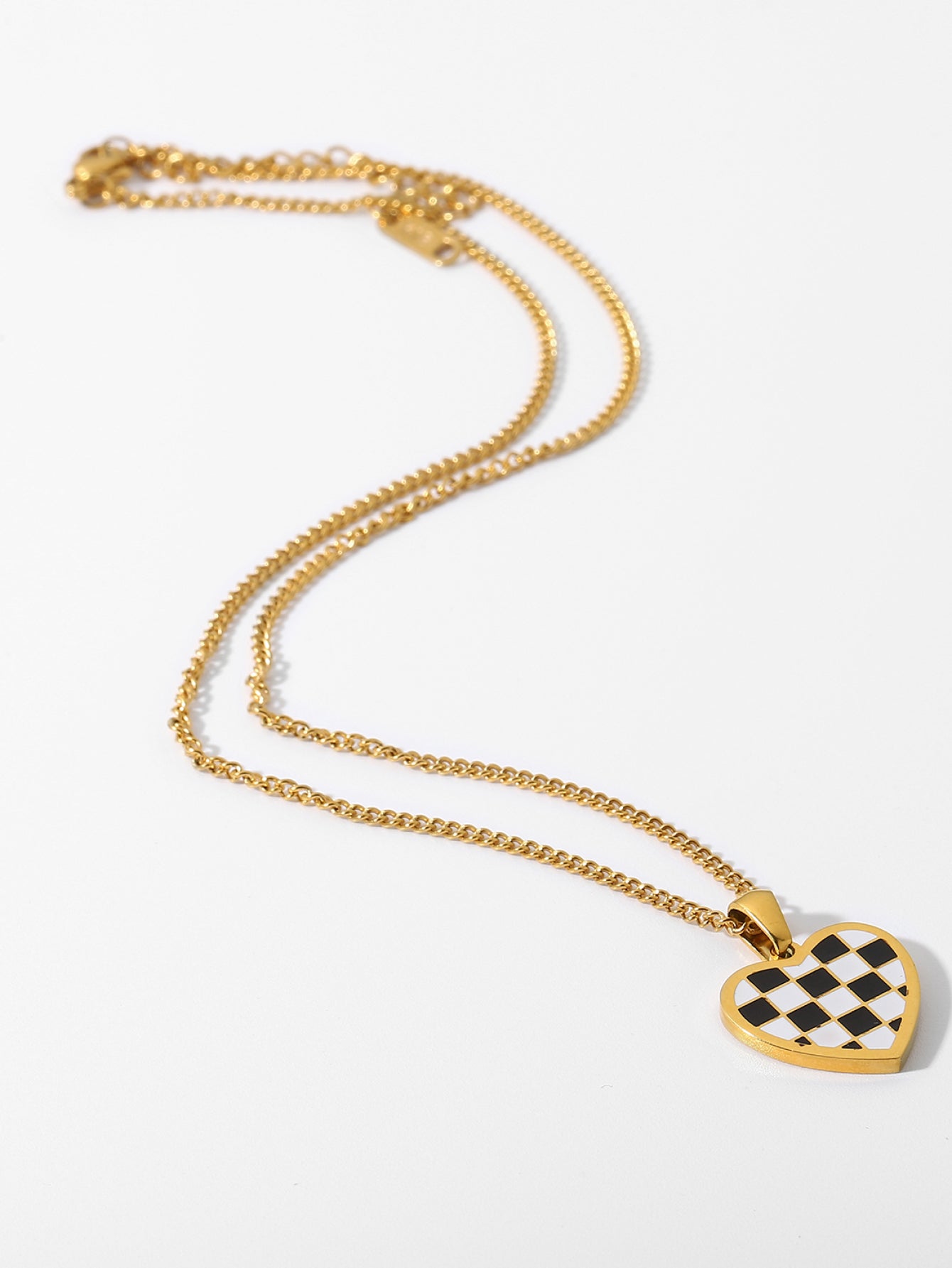 Checkerboard Heart Pendant Chain Necklace - TEXVIN