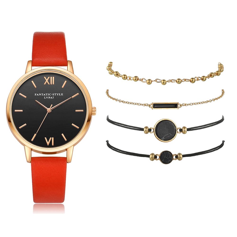 Watch Set Women 5pcs Woman Quartz Wristwatch Leather