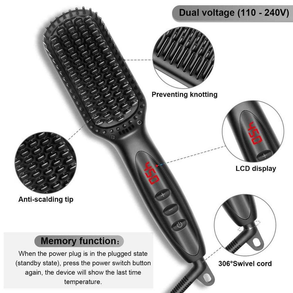 Hair Straightener Hot Comb 230℃ Anti-Scalding Hair Brush Ceramic Heating Lcd Display Dual Voltage Silent Beard Straightener Iron