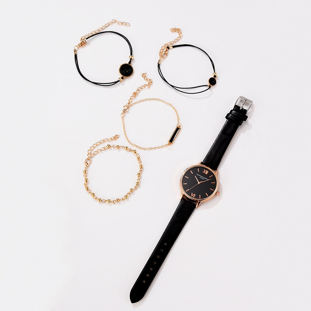 Watch Set Women 5pcs Woman Quartz Wristwatch Leather