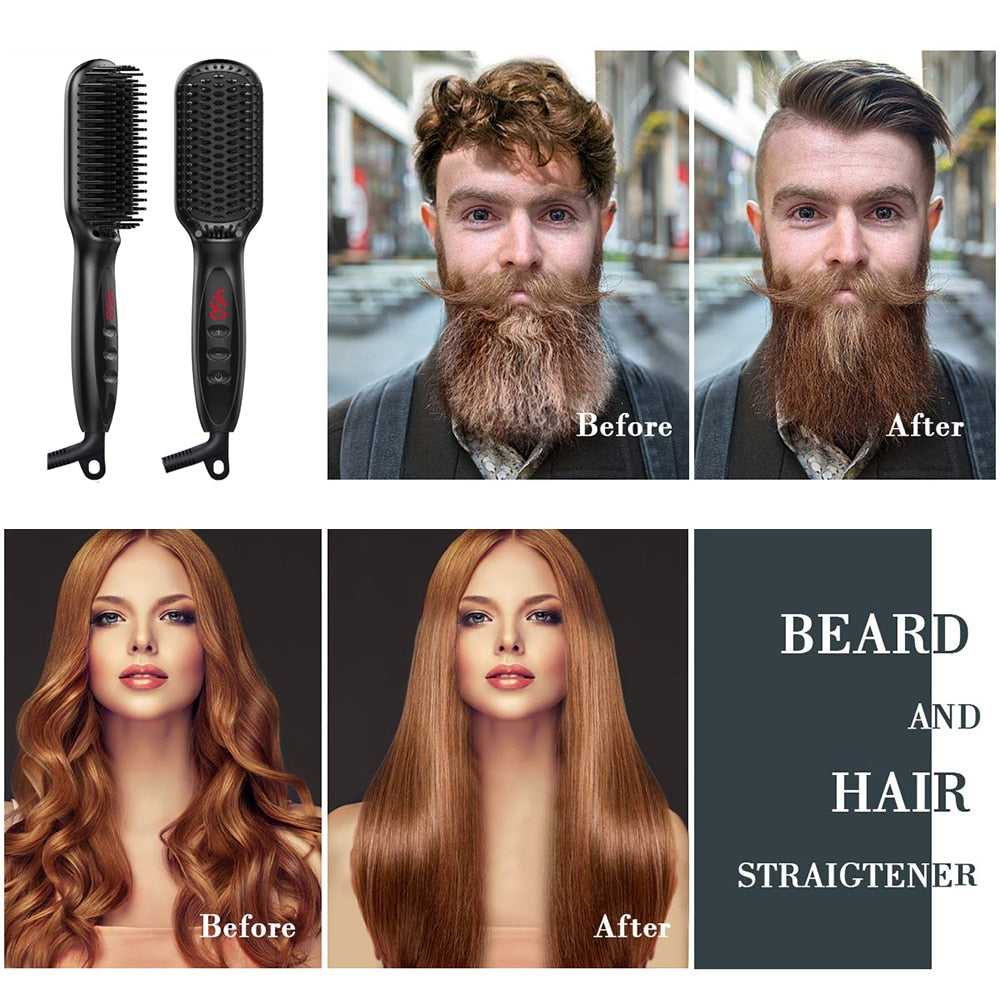 Hair Straightener Hot Comb 230℃ Anti-Scalding Hair Brush Ceramic Heating Lcd Display Dual Voltage Silent Beard Straightener Iron