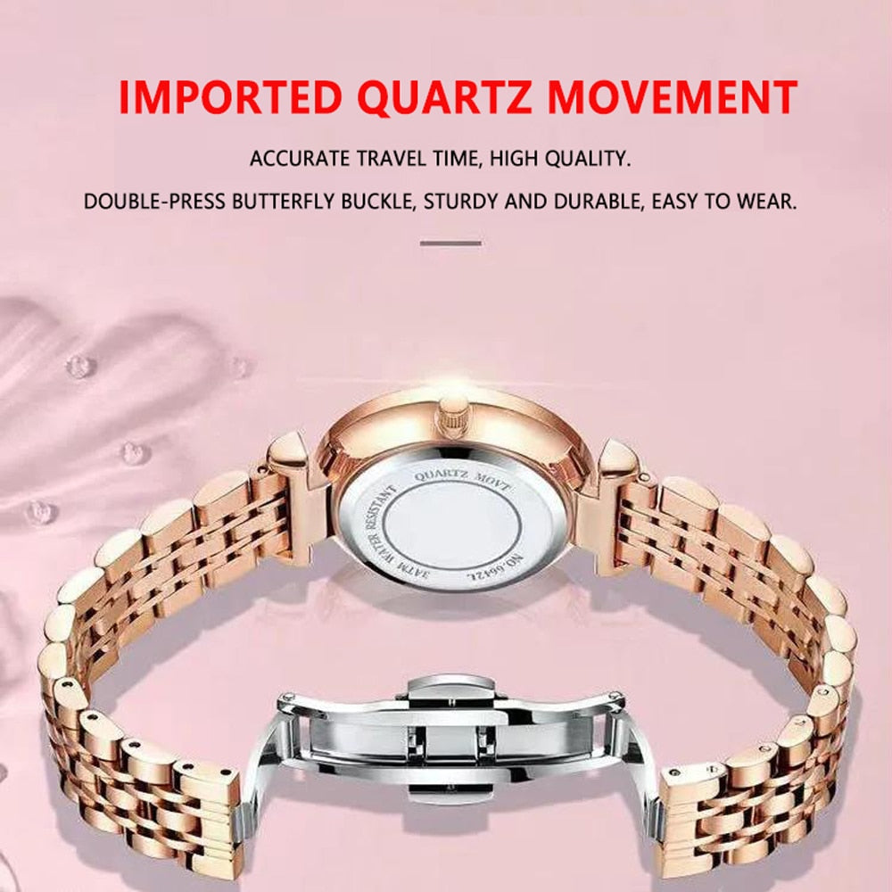Swiss Brand Poedgagar Women Watch Stainless Steel Mesh Rose Gold