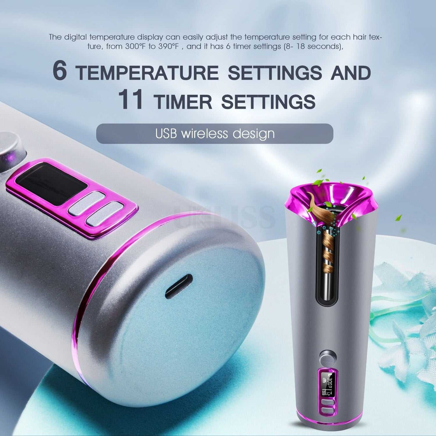 Cordless Automatic Rotating Hair Curler Ceramic Curling Iron LED Display