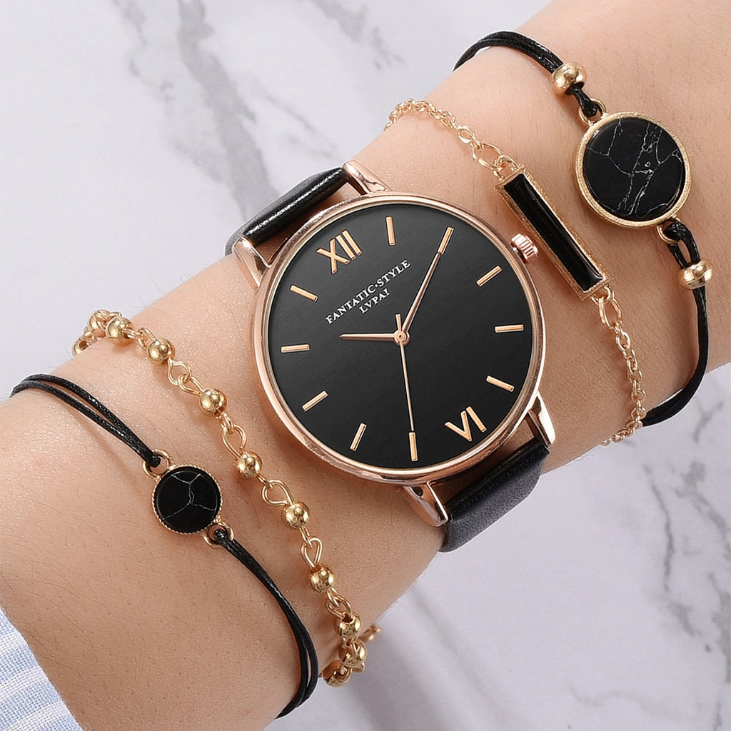 Watch Set Women 5pcs Woman Quartz Wristwatch Leather