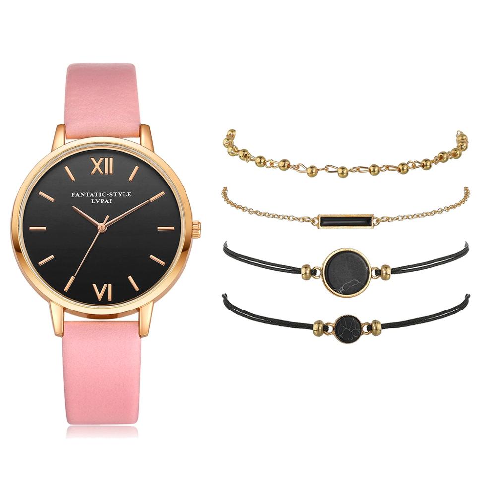 Watch Set Women 5pcs Woman Quartz Wristwatch Leather