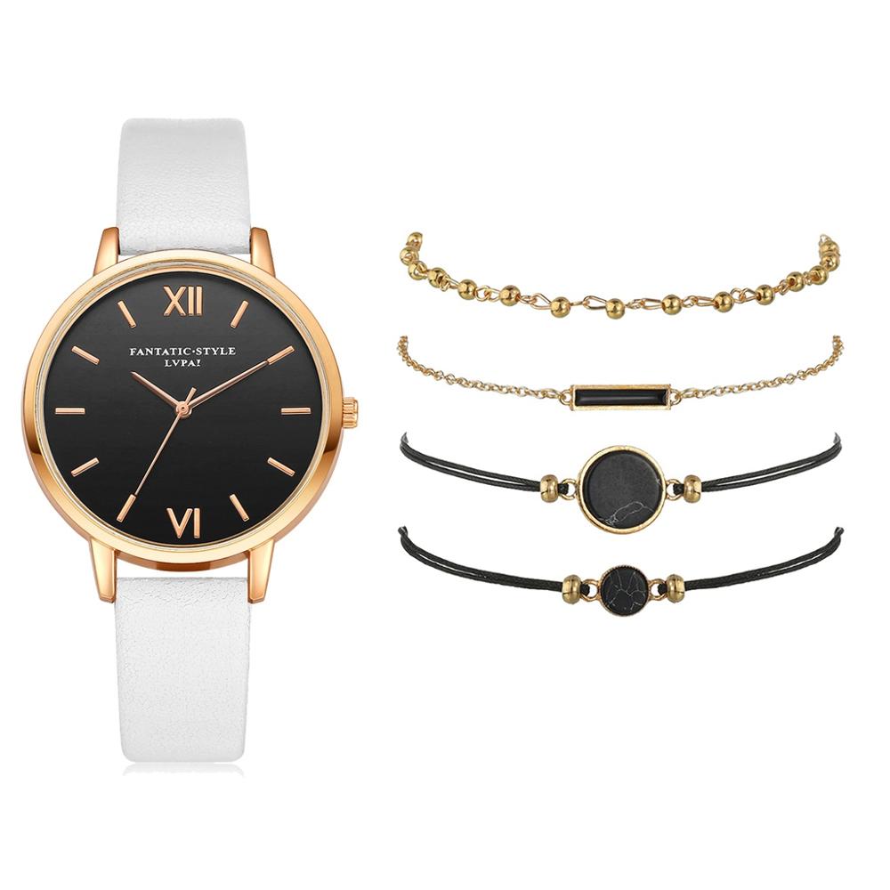 Watch Set Women 5pcs Woman Quartz Wristwatch Leather