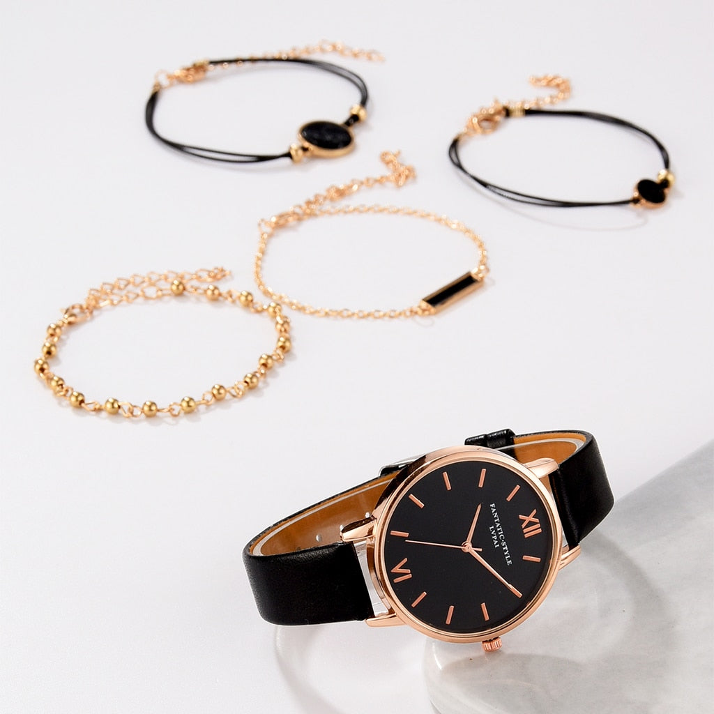 Watch Set Women 5pcs Woman Quartz Wristwatch Leather