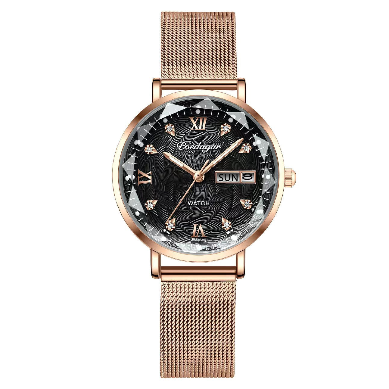 Swiss Brand Poedgagar Women Watch Stainless Steel Mesh Rose Gold