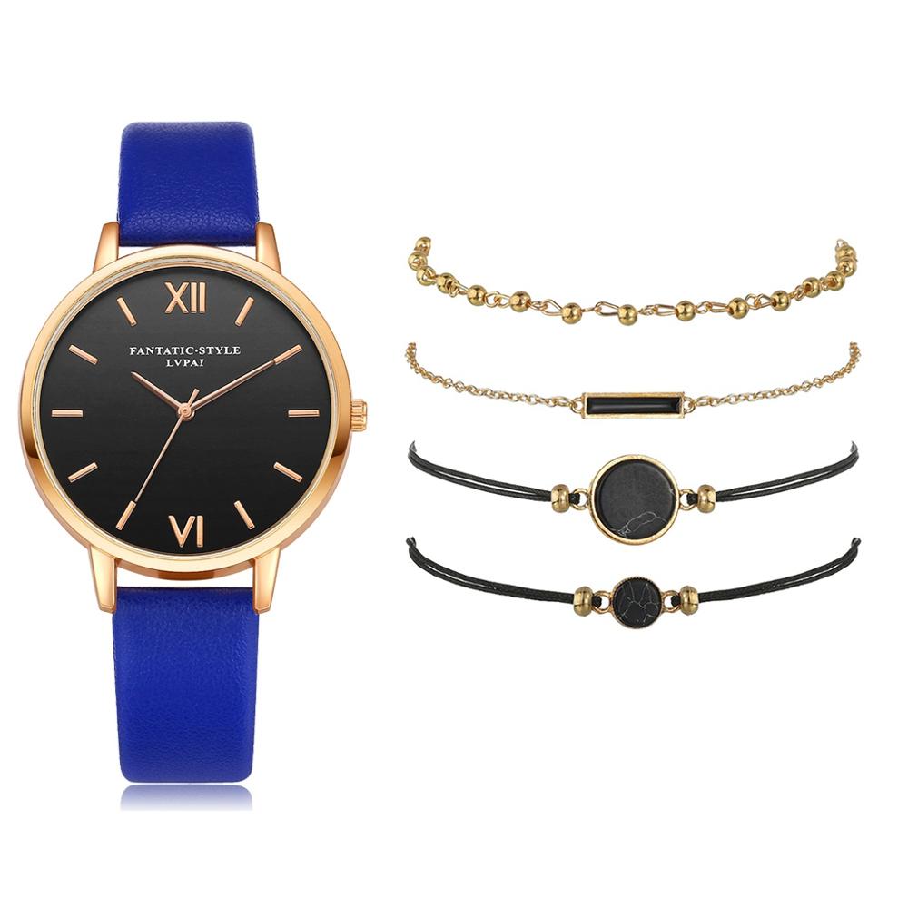 Watch Set Women 5pcs Woman Quartz Wristwatch Leather