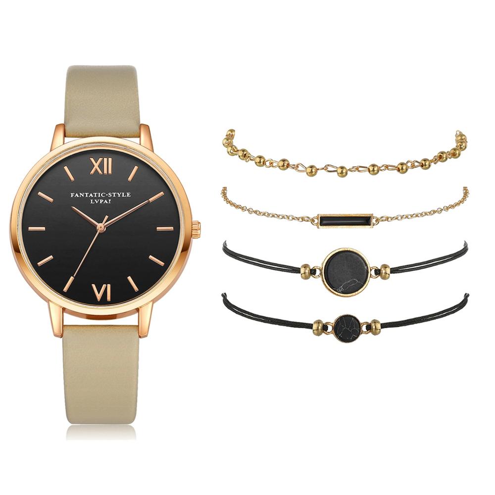 Watch Set Women 5pcs Woman Quartz Wristwatch Leather