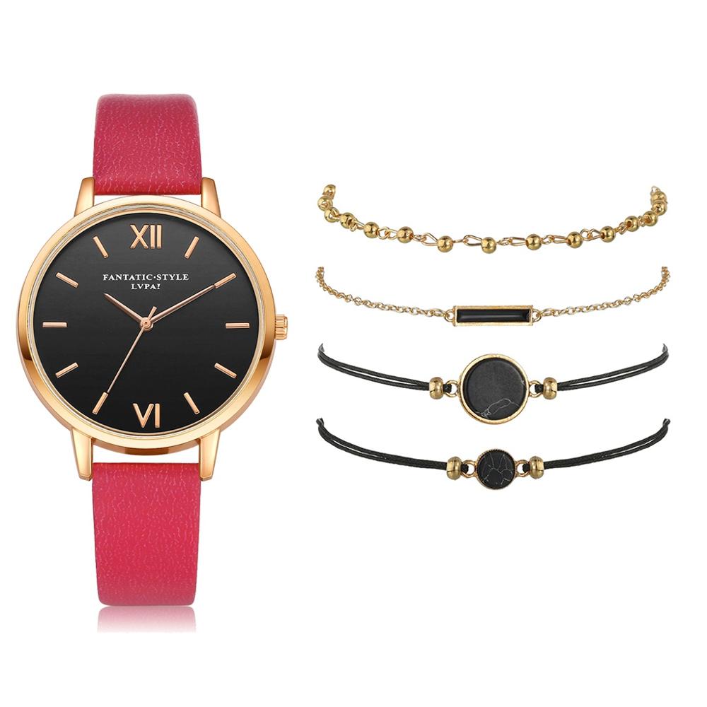 Watch Set Women 5pcs Woman Quartz Wristwatch Leather