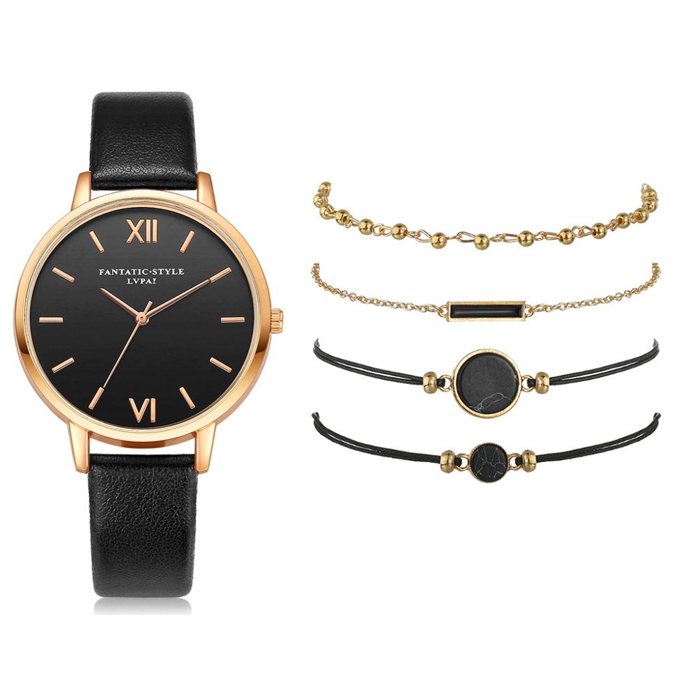 Watch Set Women 5pcs Woman Quartz Wristwatch Leather