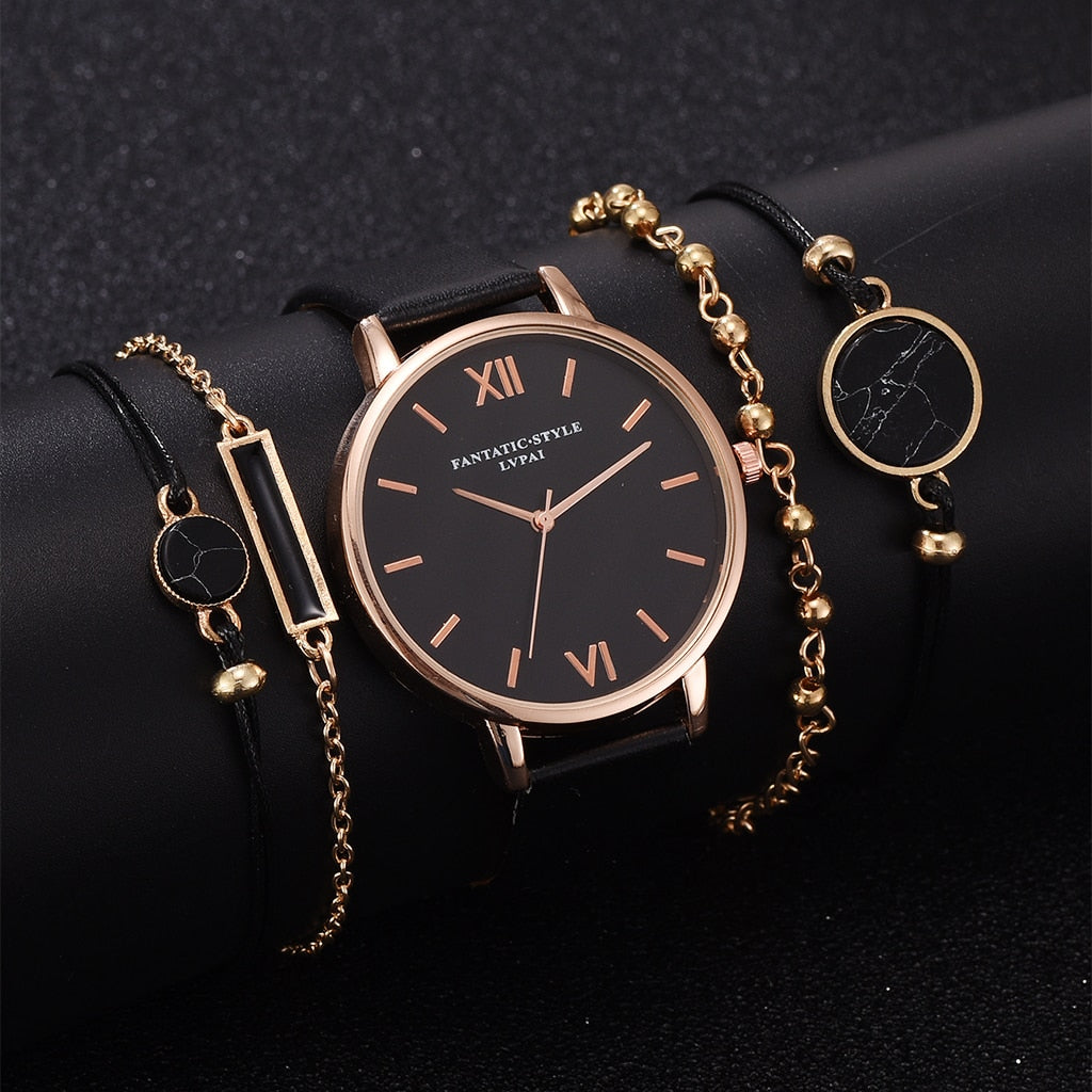 Watch Set Women 5pcs Woman Quartz Wristwatch Leather