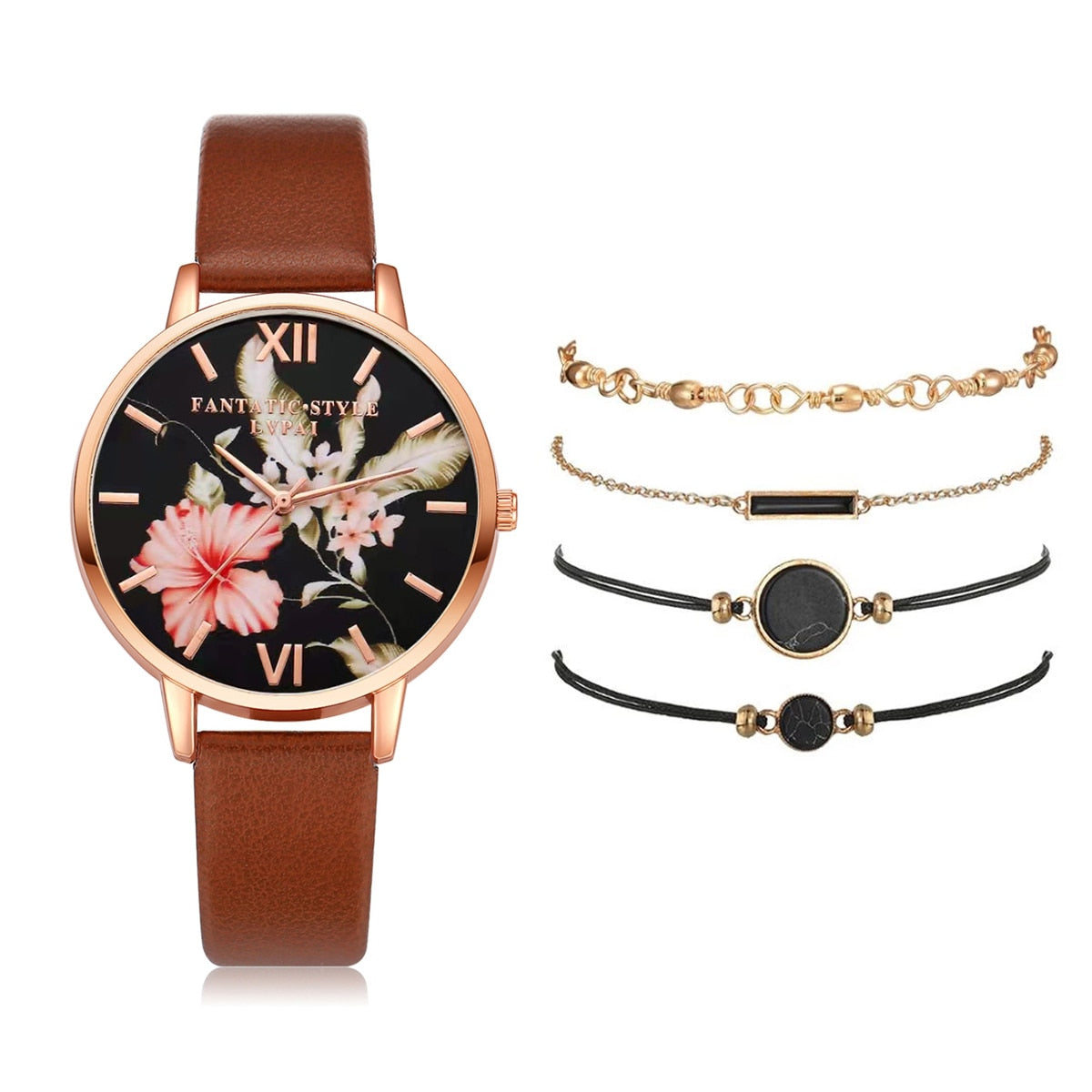 Watch Set Women 5pcs Woman Quartz Wristwatch Leather