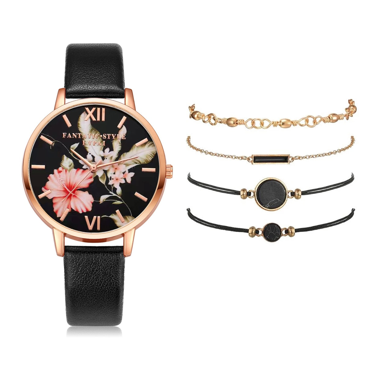 Watch Set Women 5pcs Woman Quartz Wristwatch Leather