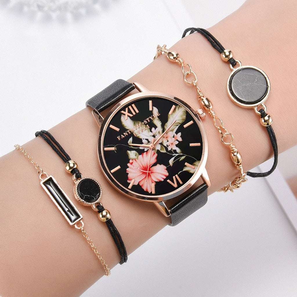 Watch Set Women 5pcs Woman Quartz Wristwatch Leather