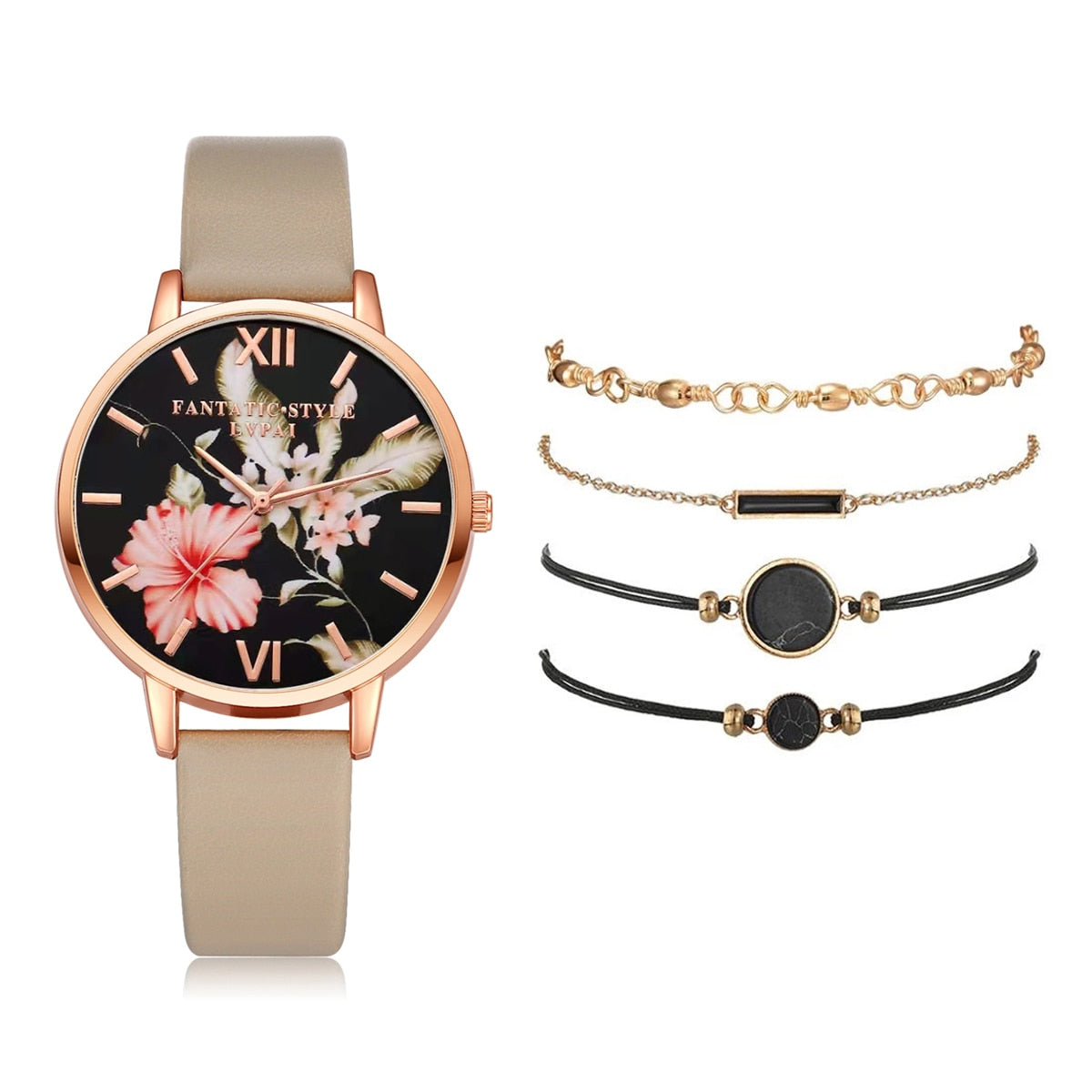 Watch Set Women 5pcs Woman Quartz Wristwatch Leather