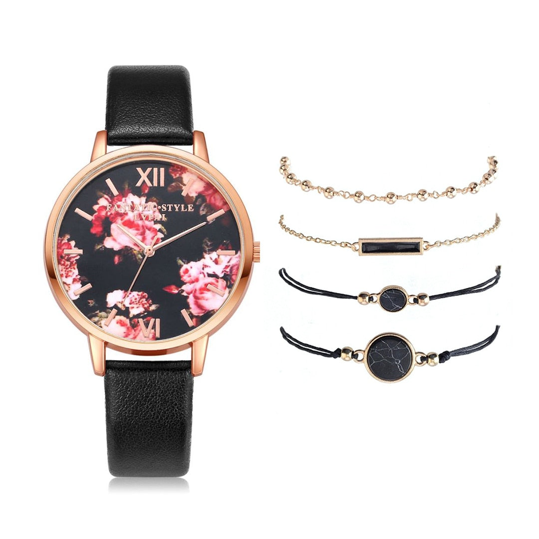 Watch Set Women 5pcs Woman Quartz Wristwatch Leather