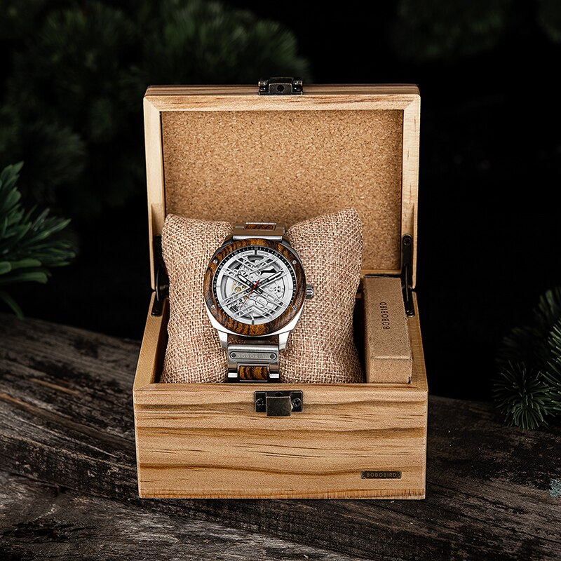 Luxury Men Watch Wooden 45mm Skeleton Automatic