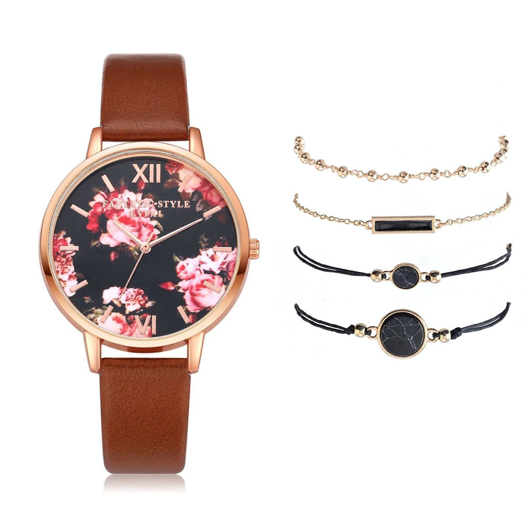 Watch Set Women 5pcs Woman Quartz Wristwatch Leather