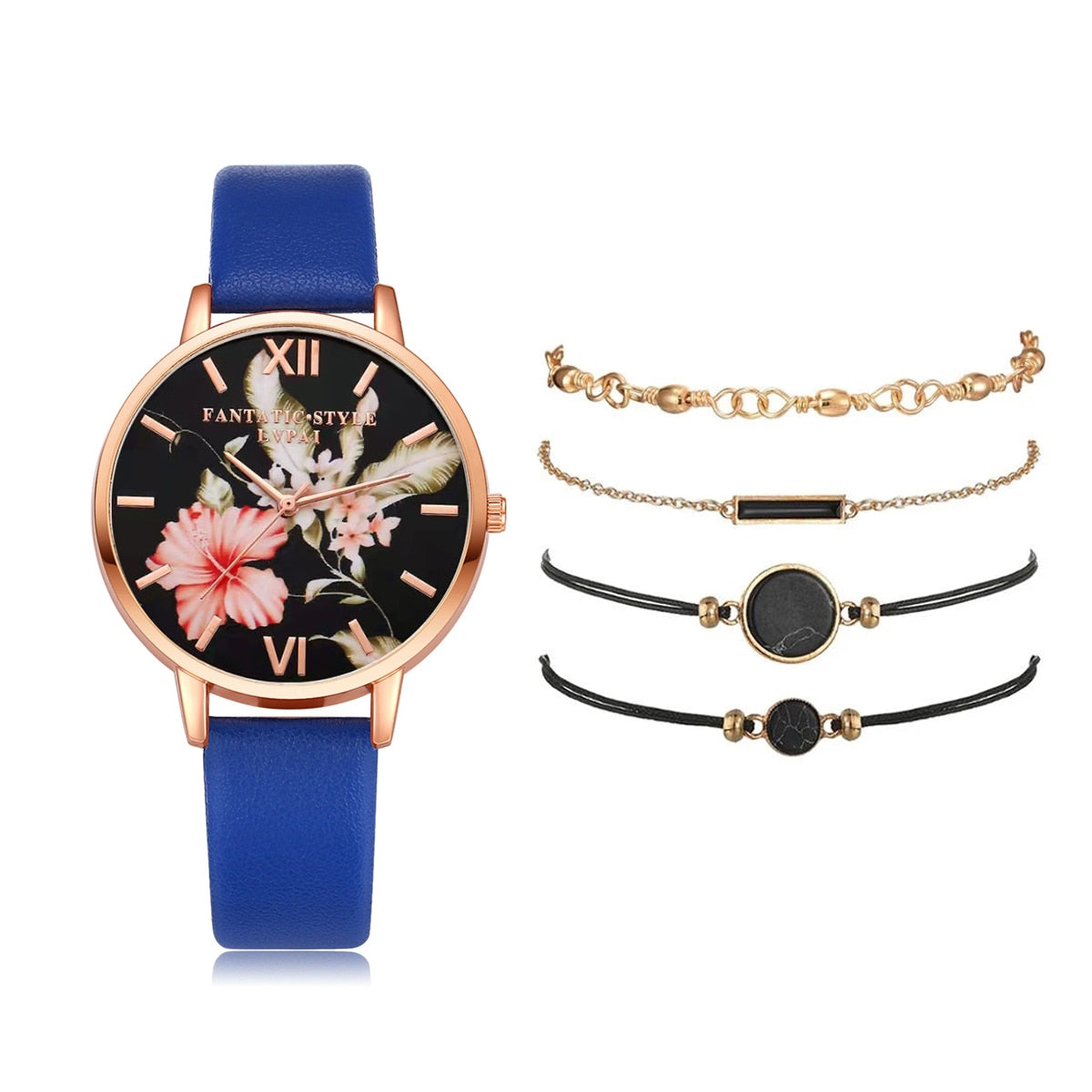 Watch Set Women 5pcs Woman Quartz Wristwatch Leather
