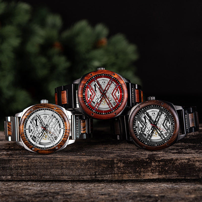 Luxury Men Watch Wooden 45mm Skeleton Automatic