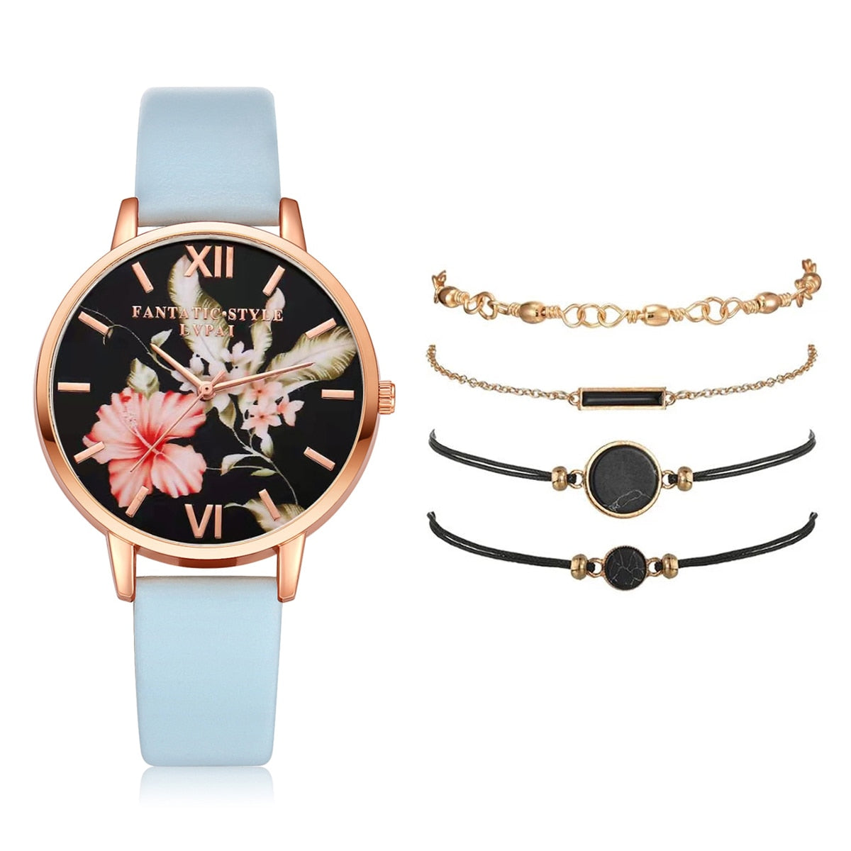 Watch Set Women 5pcs Woman Quartz Wristwatch Leather