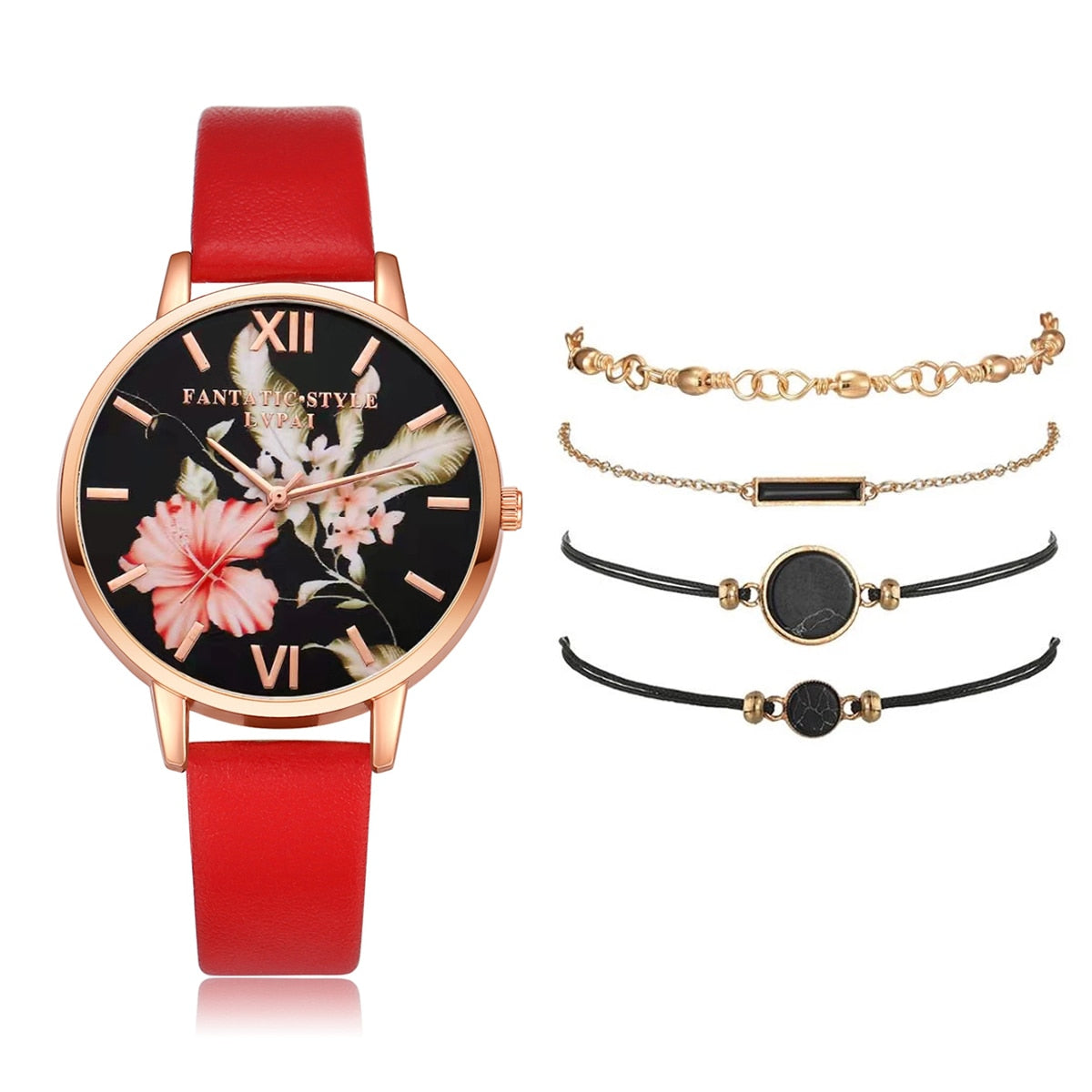 Watch Set Women 5pcs Woman Quartz Wristwatch Leather