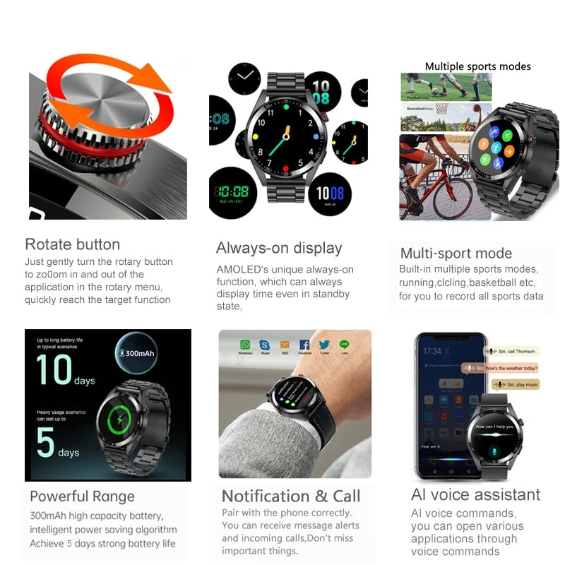 New AMOLED Screen Smart Watch Men Bluetooth Call 8G