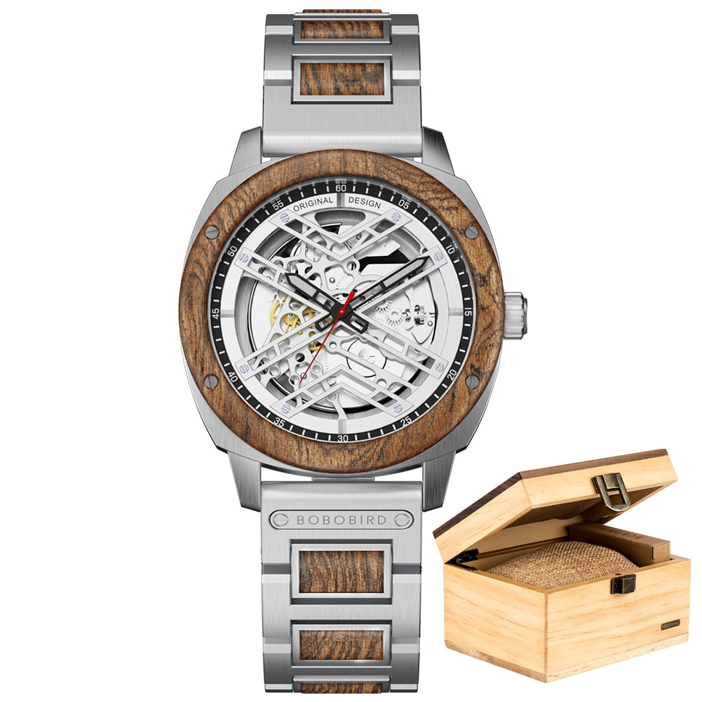 Luxury Men Watch Wooden 45mm Skeleton Automatic
