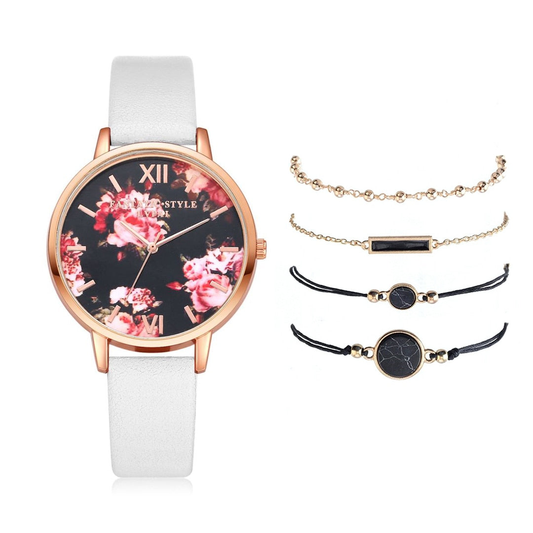 Watch Set Women 5pcs Woman Quartz Wristwatch Leather