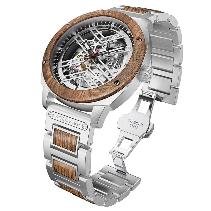 Luxury Men Watch Wooden 45mm Skeleton Automatic
