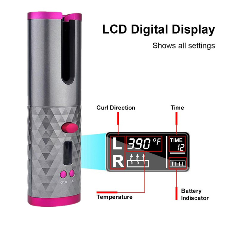 LCD Display Cordless Hair Curler Rollers Rotating