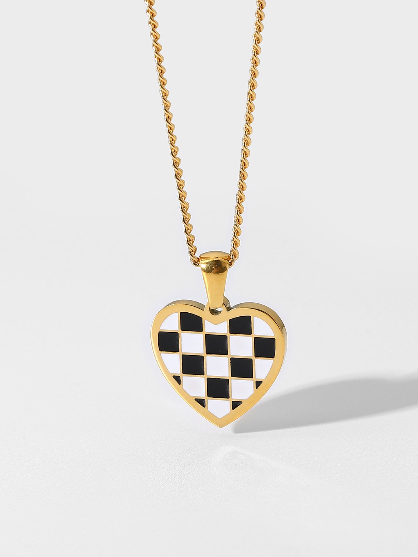 Checkerboard Heart Pendant Chain Necklace - TEXVIN