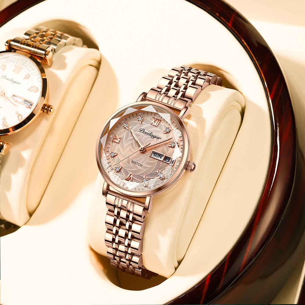 Swiss Brand Poedgagar Women Watch Stainless Steel Mesh Rose Gold