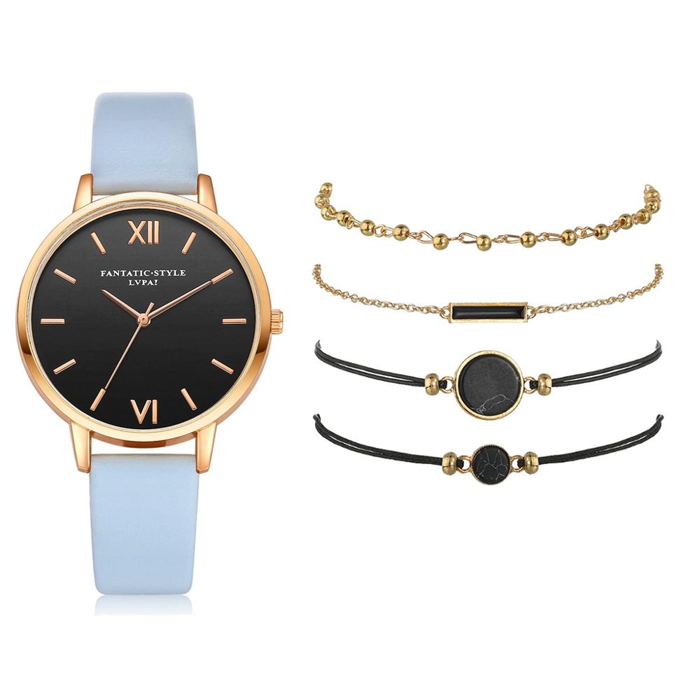 Watch Set Women 5pcs Woman Quartz Wristwatch Leather