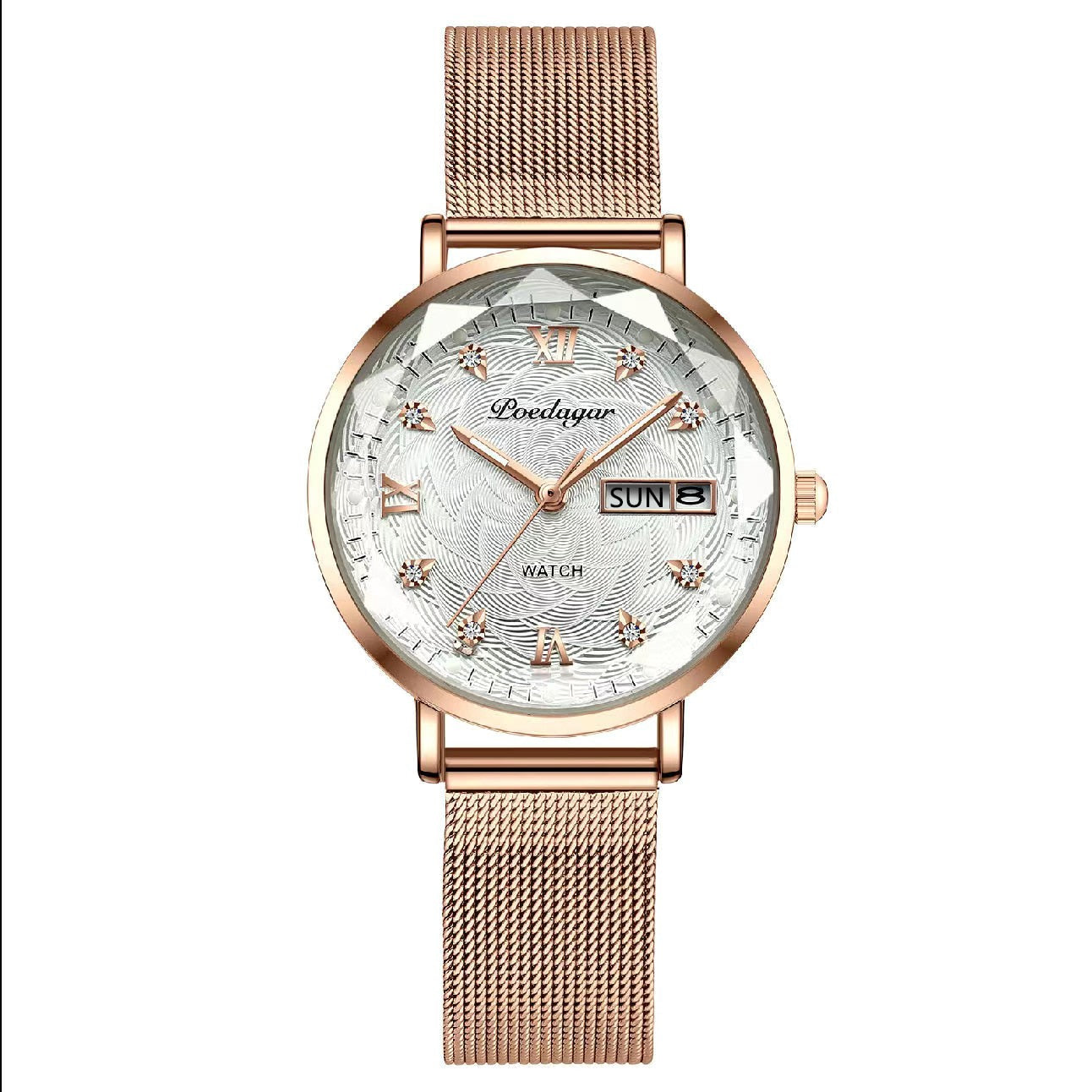 Swiss Brand Poedgagar Women Watch Stainless Steel Mesh Rose Gold