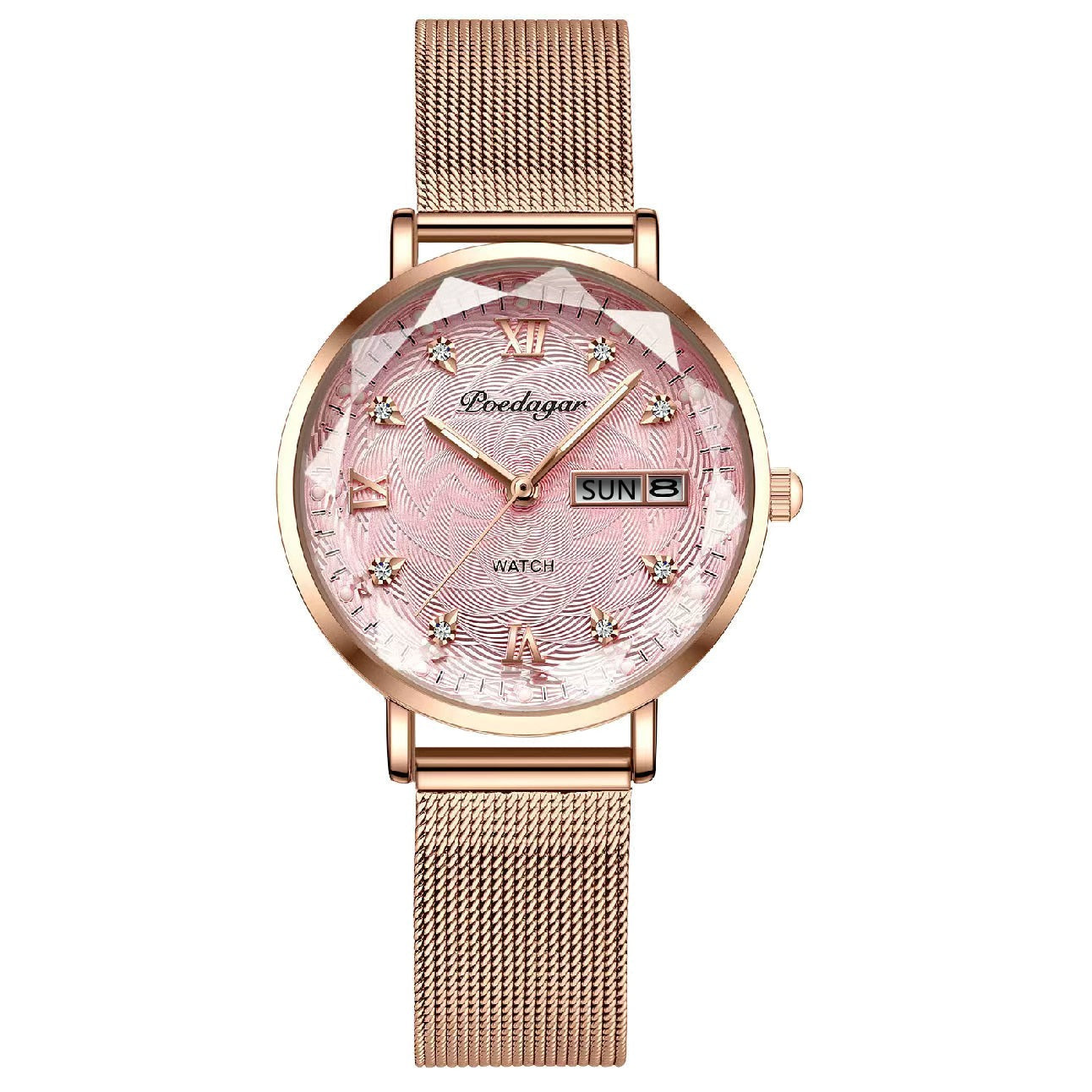 Swiss Brand Poedgagar Women Watch Stainless Steel Mesh Rose Gold