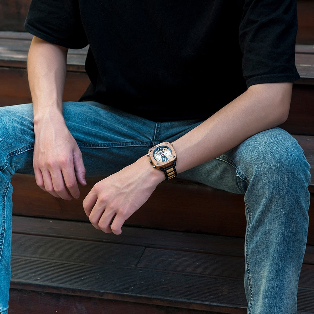 Watch Men Wooden Stainless Steel Business Sport