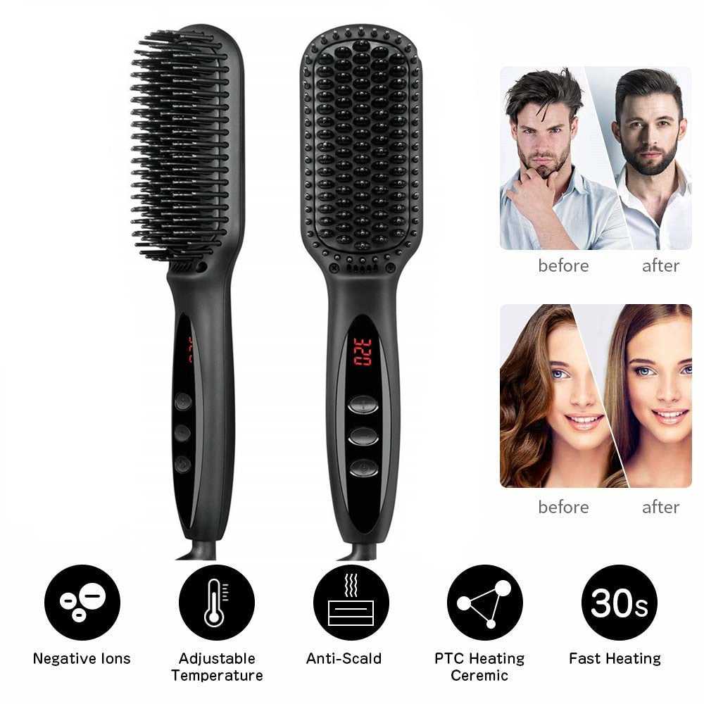 Hair Straightener Hot Comb 230℃ Anti-Scalding Hair Brush Ceramic Heating Lcd Display Dual Voltage Silent Beard Straightener Iron