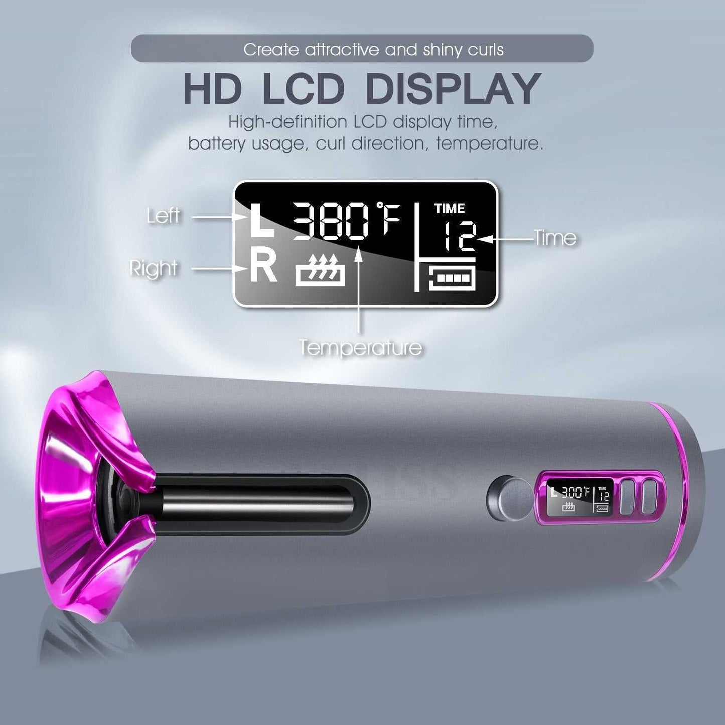 Cordless Automatic Rotating Hair Curler Ceramic Curling Iron LED Display