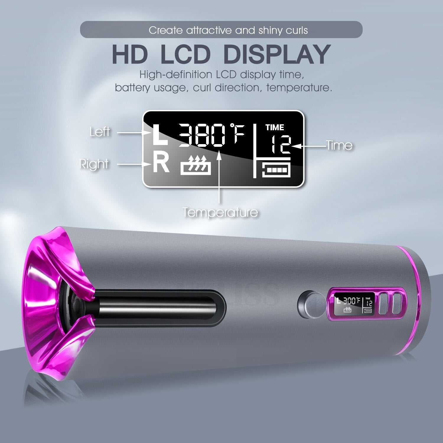 Cordless Automatic Rotating Hair Curler Ceramic Curling Iron LED Display