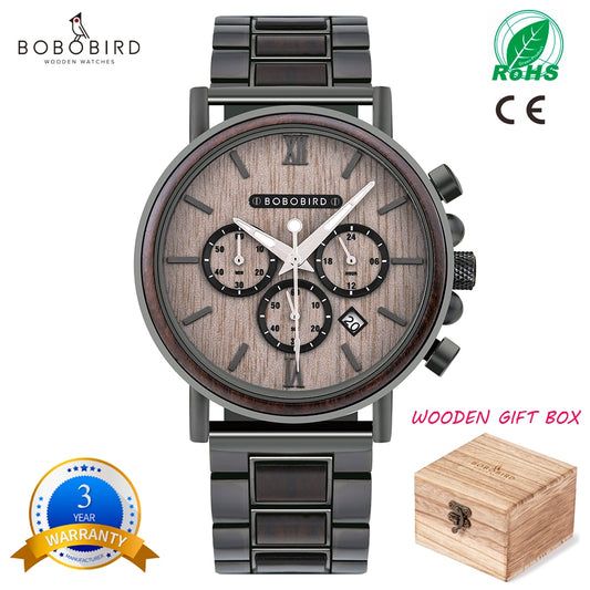 Luxury Stainless Steel Wood Watch Men