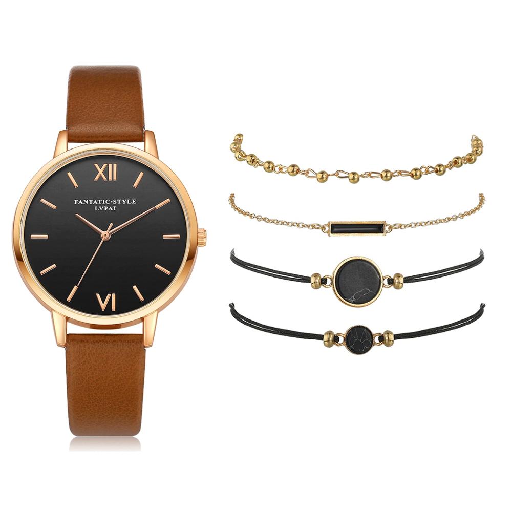 Watch Set Women 5pcs Woman Quartz Wristwatch Leather