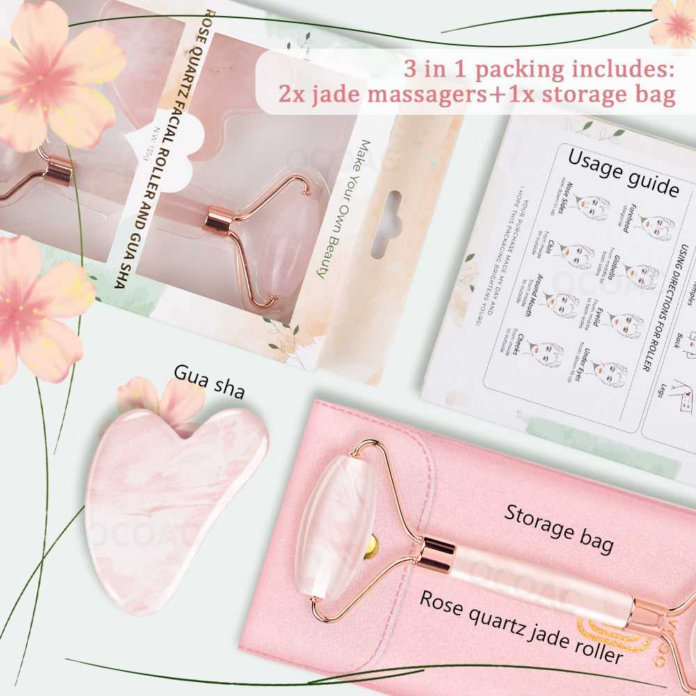 2/1pcs Gua Sha Massager for Face Rose Quartz Jade Roller Beauty