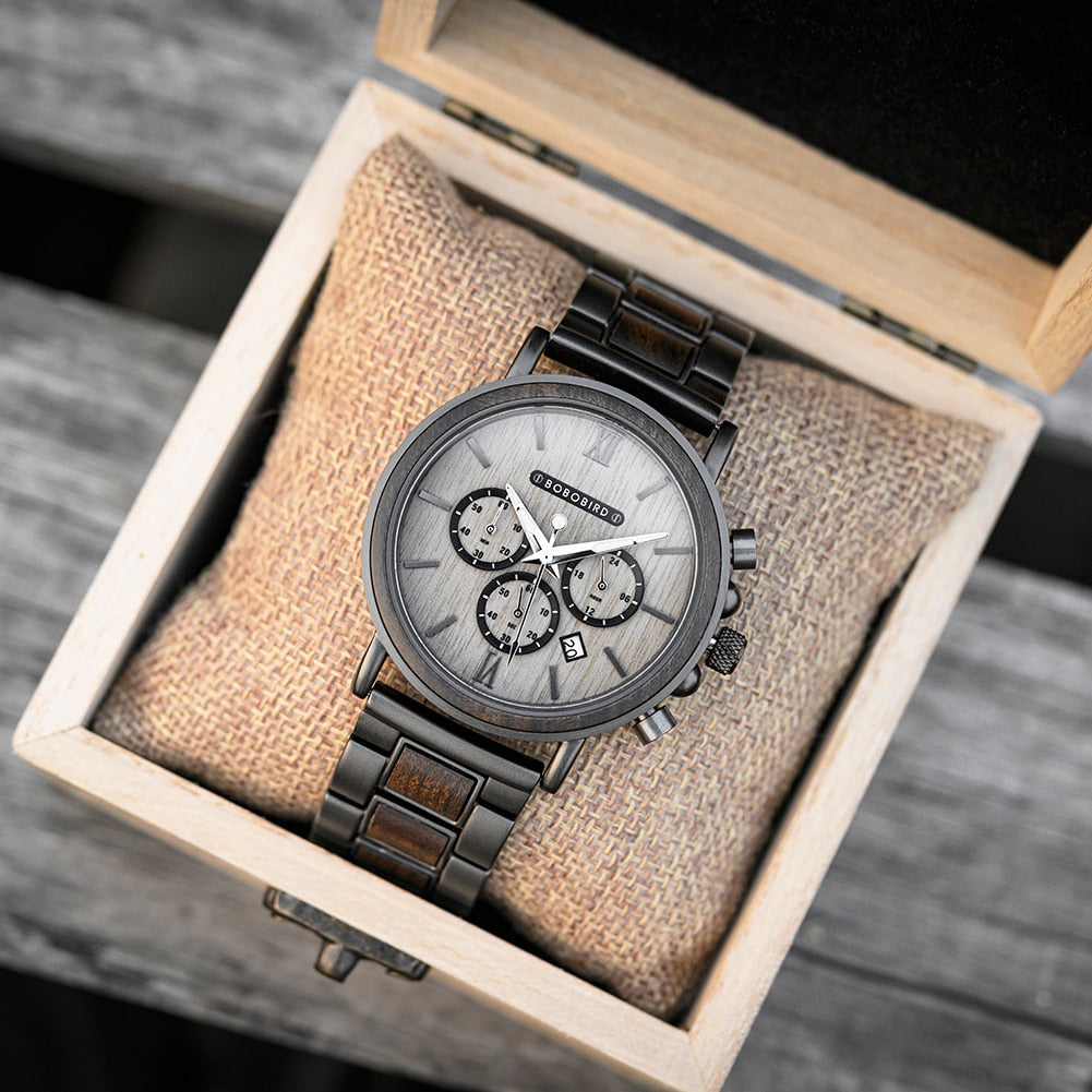 Luxury Stainless Steel Wood Watch Men
