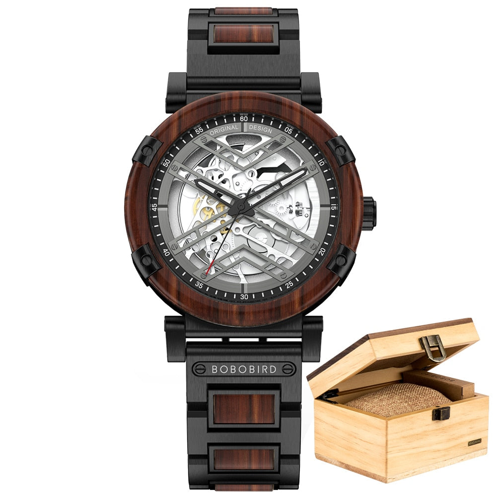 Luxury Men Watch Wooden 45mm Skeleton Automatic