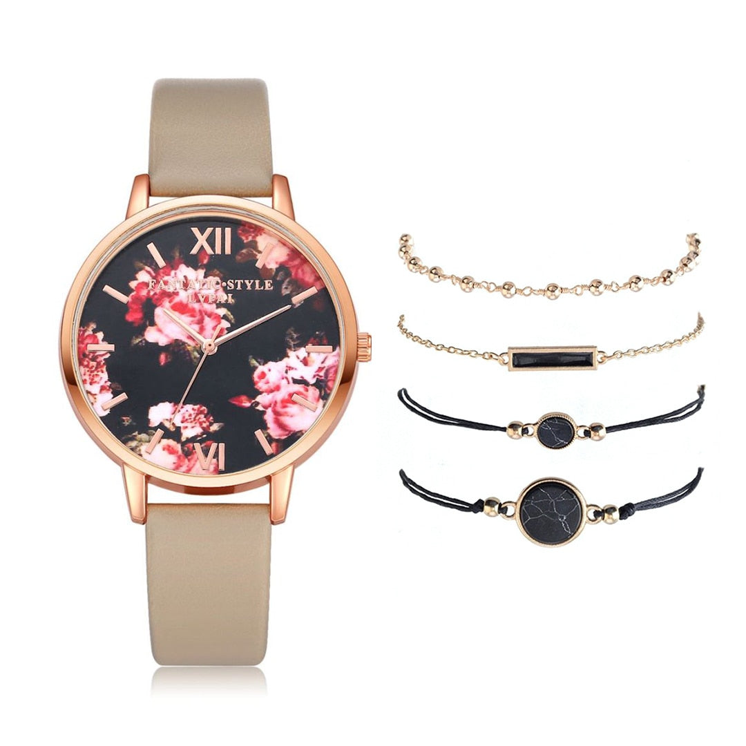 Watch Set Women 5pcs Woman Quartz Wristwatch Leather