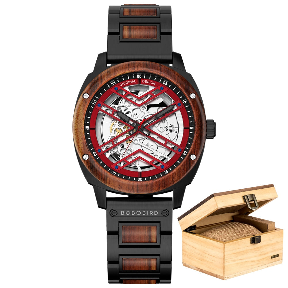 Luxury Men Watch Wooden 45mm Skeleton Automatic
