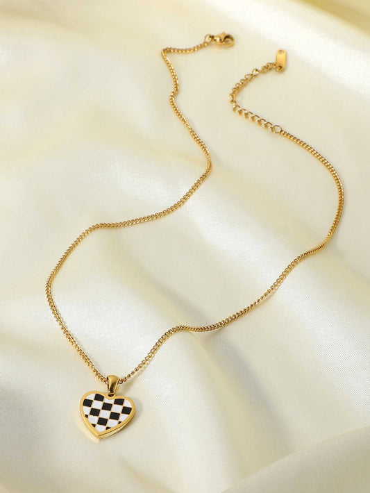 Checkerboard Heart Pendant Chain Necklace - TEXVIN